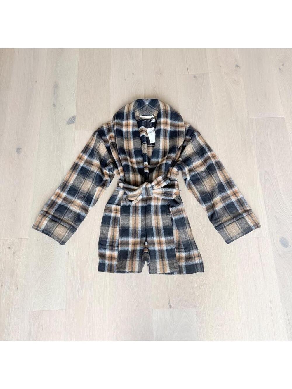 NWT Lauren Ralph Lauren Plaid Wool Blend Shawl Collar Wrap Coat L $495